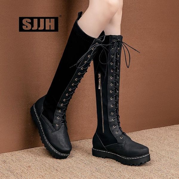

sjjh women patchwork long boots with round toe zip flats short plush knee-high boots fashion casual shoes large size e001, Black