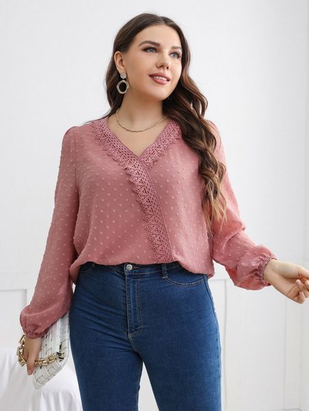 

plus swiss dot lantern sleeve contrast guipure lace blouse 39vj#, Black