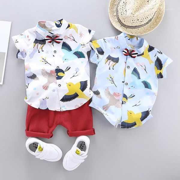 

clothing sets baby clothes summer cotton short-sleeved shorts two-piece boy cartoon bird print shirt casual sports suit1, White