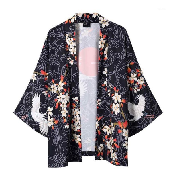 

men's casual shirts summer japanese five point sleeves kimono mens and womens cloak vintage ukiyoe printed beach hawaiian camisa1, White;black