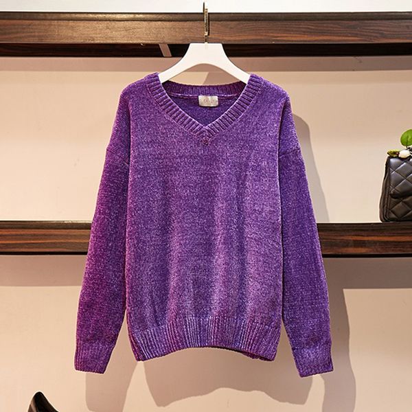 

chic vintage chenille cashmere women full sleeve gold velvet sweaters winter ladies solid color v-neck loose female jumpers 210203, White;black