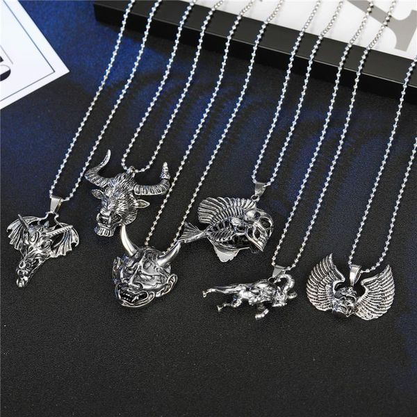 

1pc vintage gothic wing skull male necklace choker punk hiphop bull head loin big pendant necklace for men women jewelry n798 wmtszc, Bronze;silver