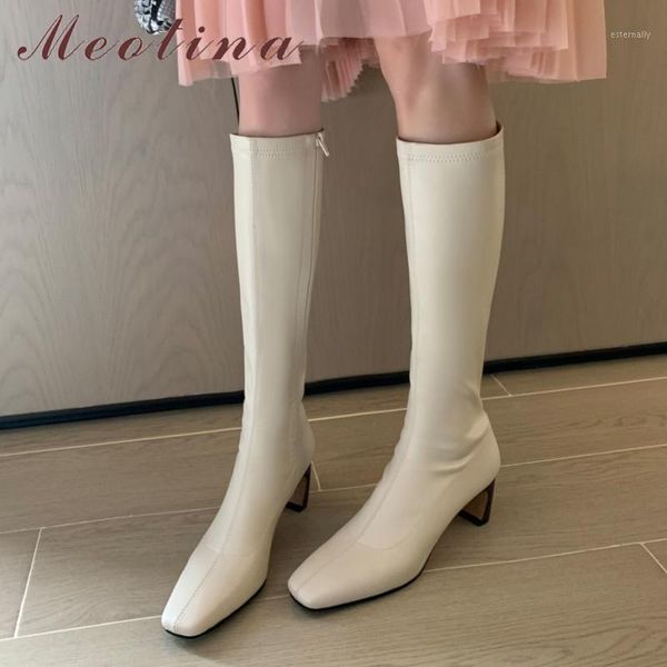 

boots meotina square toe knee high heel woman chunky shoes zipper long female autumn winter white size 401, Black