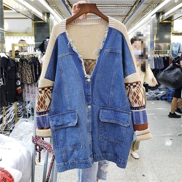 

ewq] autumn 2020 new fashion woman plus size sweaters korean-style loose full retro fashion patchwork blue jeans coat1, White