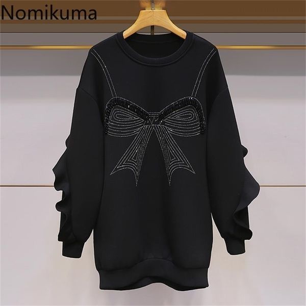 Nomikuma coreano contas diamantes bowknot pulôver moletom platters retalhos manga comprida hoodies outono outono média-longa jumper 6c726 201209