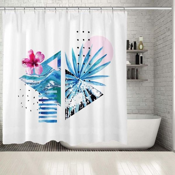 

shower curtain tropical flowers palm leaves sea waves patterns in triangles shapes watercolor artwork blue pink1