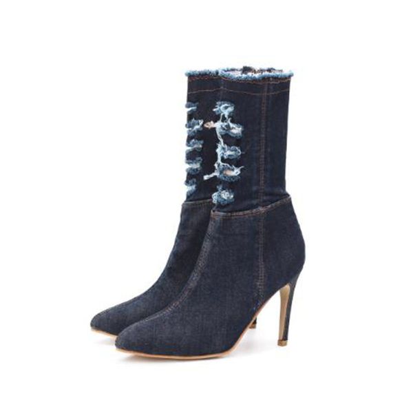 

2020 spring and autumn new short boots women's high heels blue thin heels pointed bare boots denim women's riding, Black