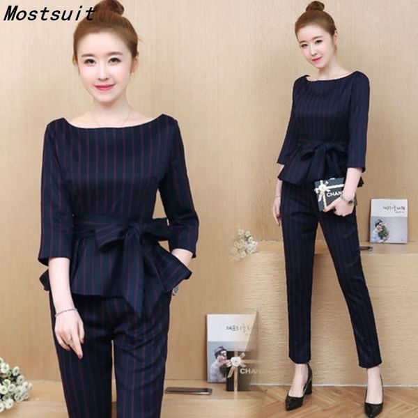 

blue striped office two piece set women long sleeve with belt+pants trousers ladies korean sets suits women's clothing y200110, White