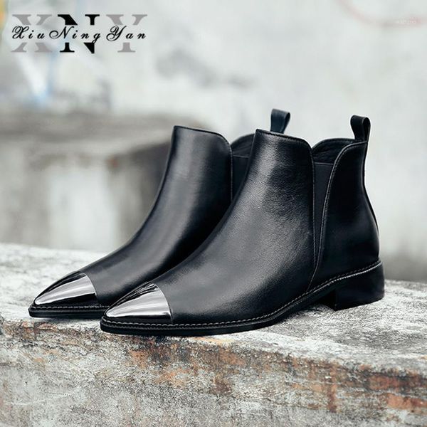 

boots xiuningyan metal toe women soft genuine leather pointed ladies ankle handmade basic shoes woman female footwear1, Black