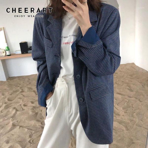 

cheerart plaid casual blazer women blue korean blazers and jackets back split classic plaid loose blazer 2020 autumn1, White;black
