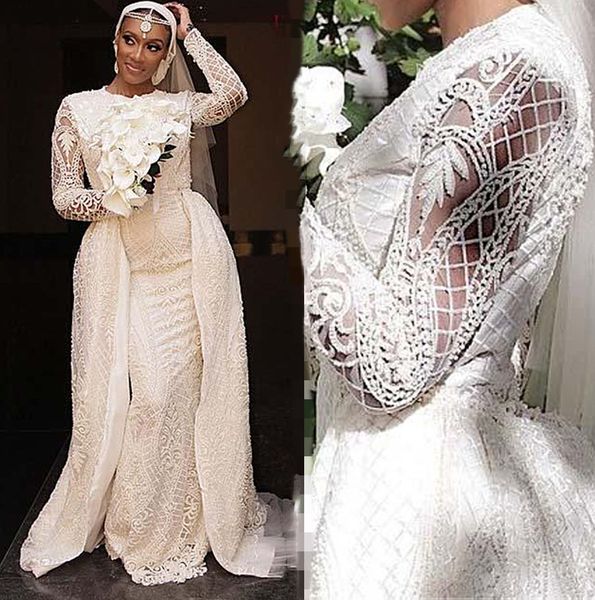 

vintage arabic kaftan full lace country wedding dresses with detachable skirt 2021 long sleeve rustic muslim bride dress wedding gowns, White