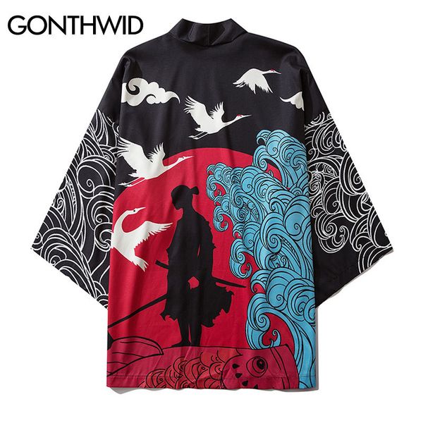 

japanese samurai flying cranes printed kimono cardigan shirts jackets streetwear hip hop casual open front coat kg-96, Black;brown