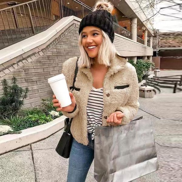 

elegant solid color cropped teddy jacket women front pockets thick warm coat autumn winter soft short jackets female 2020#g30, Black;brown