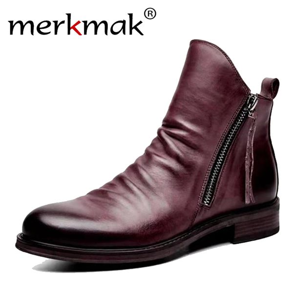 

merkmak new men leather boots fashion high-tassel shoes british style big size autumn ankle booties non-slip men shoe 201102, Black