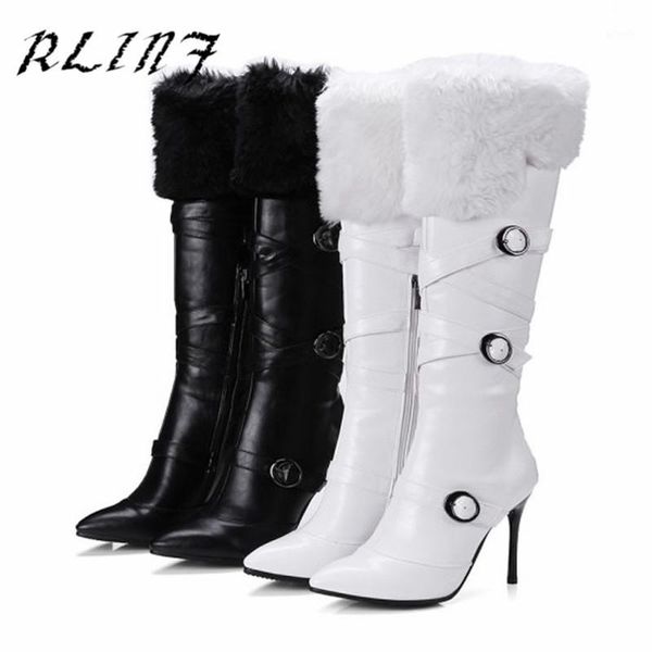 

boots rlinf long pointed stiletto women's shoes plush belt buckle warm and comfortable temperament boots1, Black