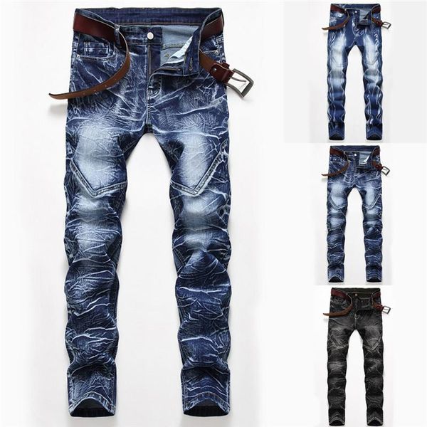

fashion men's casual personality blue printing slim fit denim jeans pants skinny denim black hip hop sportswear elastic new pant1