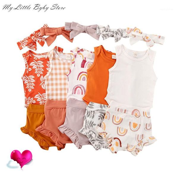 

clothing sets summer baby infant girl boy clothes sleeveless ruffled romper high waist shorts headband outfits sets1, White