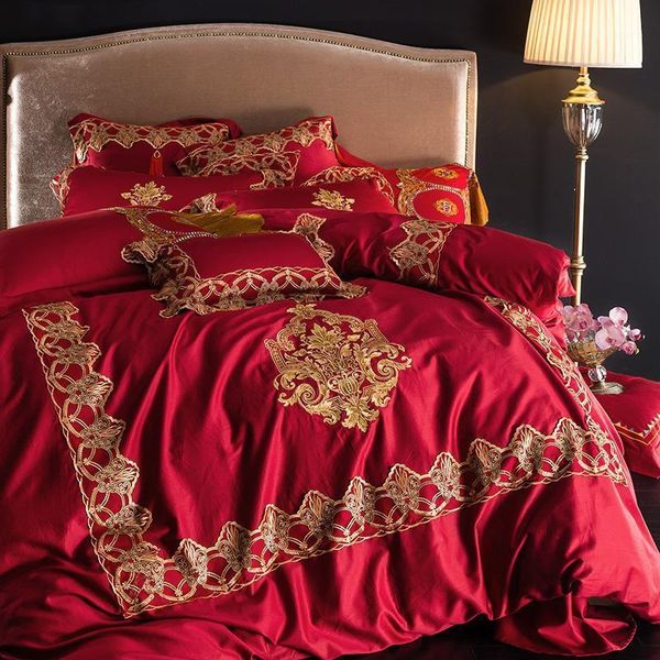 

43 4/7pcs golden bed sheet set  king size duvet cover pillowcases egyptian cotton red wedding bedding sets1