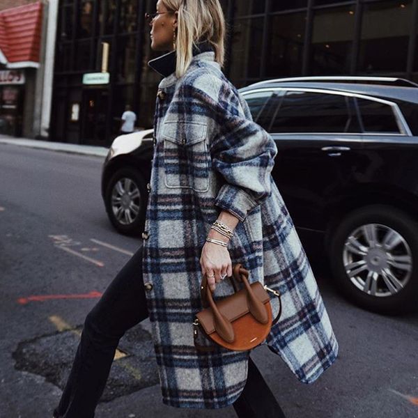 

autumn winter clothing women's fashion sanded woolen plaid long coat blends trench jacket women gray flccking streetwear parkas lj20110, Black