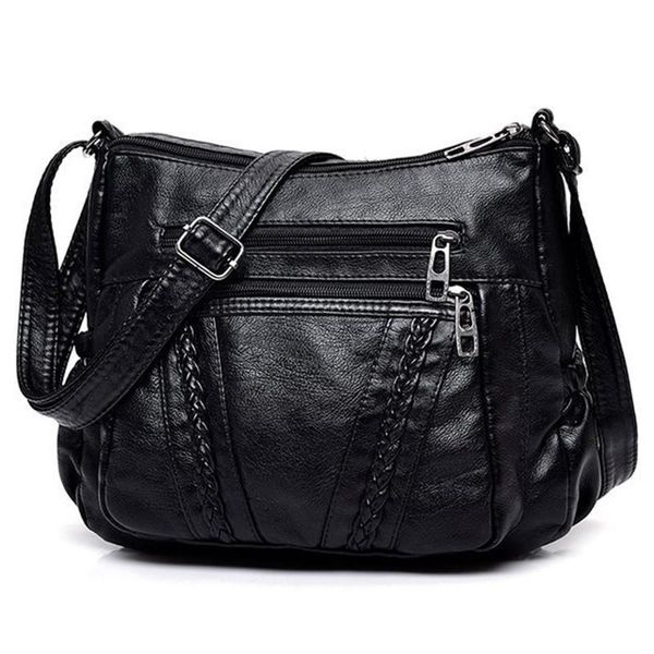 

fashion women crossbody bag black soft handbag washed leather shoulder bag patchwork messenger small girl flap ladies purses