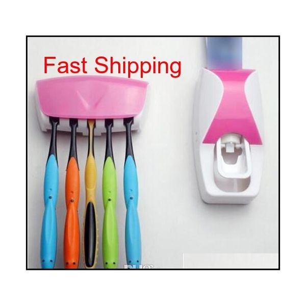 

bathroom gadgets matic toothpaste dispenser + 5pcs toothbrush holder set wall mount rack bath oral bat qylnet toys2010