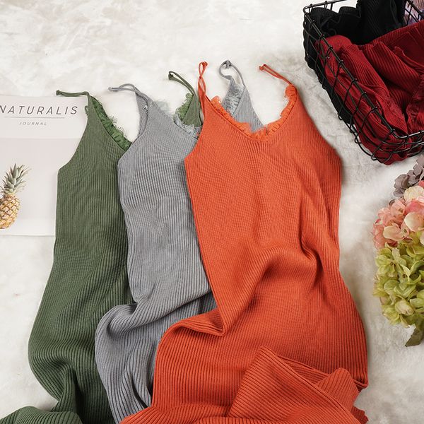 

new women spaghetti strap dresses split v-neck lace patchwork knitted dress ladies sleeveless bodycon tank dress vestidos p022 y0118, Black;gray