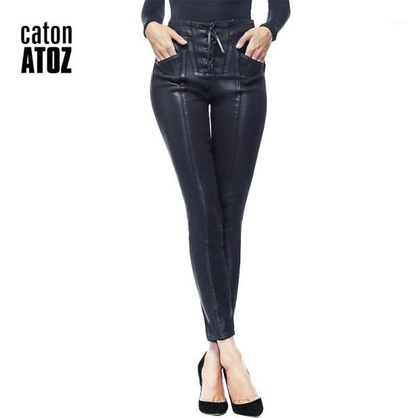 

catonatoz 2220 women fashion black punk motor biker lace up pants woman stretch slim fit plus velvet thick warm pu leather pants1, Blue