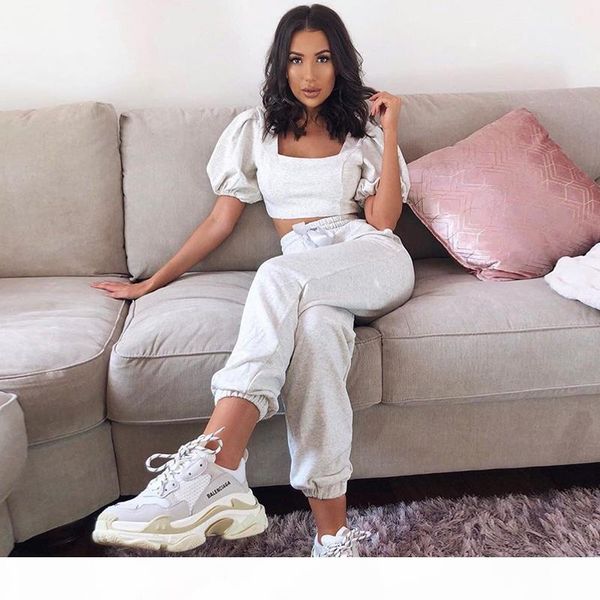 

newasia summer womens loungewear set vintage square collar short puff sleeve crop long pant two piece set pink jogging suit, Gray