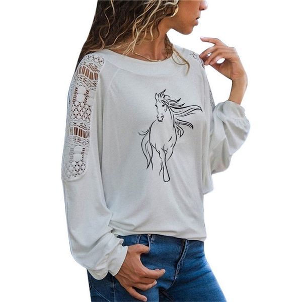 Creative Horse T Camiseta Mulheres Manga Longa O-Pescoço T-Shirt Mulher Roupa Animais Animais Menina Casual Lace Lace Top Tees LJ200815