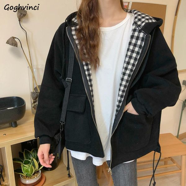 

jackets women plaid hooded chic daily outwear coats casual ins loose oversize 2xl harajuku teens streetwear bomber jacket bf new, Black;brown