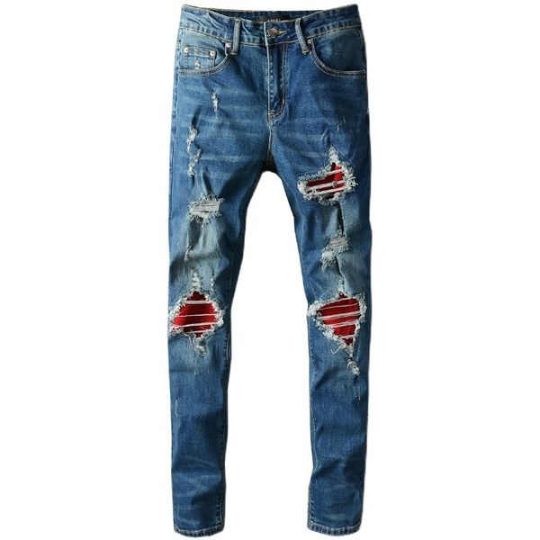 

new men's male trousers high street style fashion casual blue distressed ripped jeans personality patch stretch slim denim pants