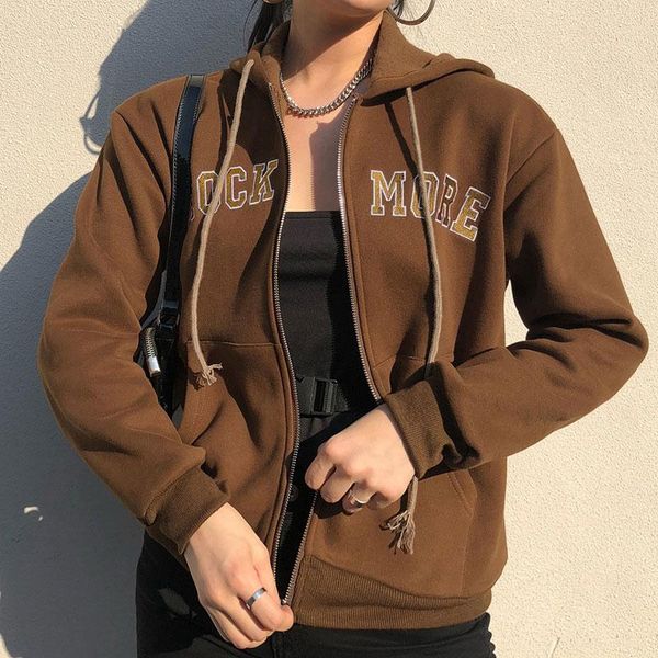 

hoodies jackets female letter embroidery fleece hooded sweatshirt jackets y2k for girls brown zipper pockets loose 2021 vintage, Black;brown
