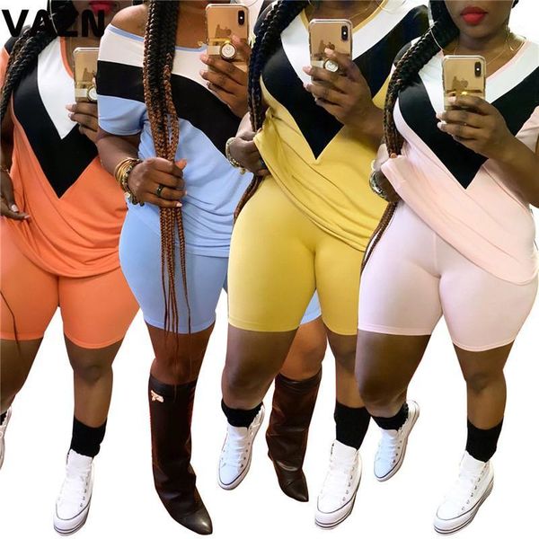 

vazn casual fashion 2020 summer lady 4 colors 2-piece short set short sleeve v-neck tees shorts set lady daily popular sets1, Gray