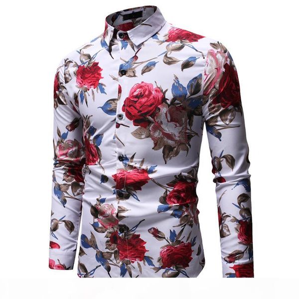 

flower print mens long sleeve shirt casual cotton slim fit shirts male clothing breathable high quality, White;black