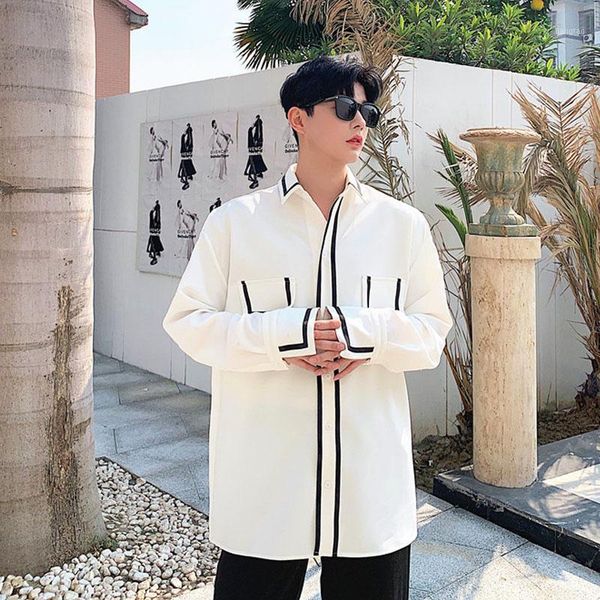 

male japan korea harajuku streetwear vintage fashion shirt men black splice side long sleeve casual shirt1, White;black