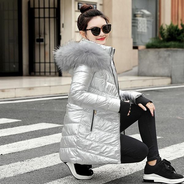 

women's down & parkas fur collar silver jacket mid-length warm coat for women hooded, Black