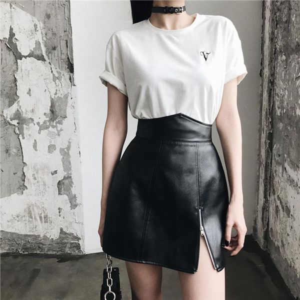 

summer autumn pu leather skirt women high waist punk hollow out zipper cool black streetwear mini short skirts gothic girls