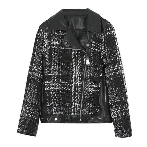 

perhaps u women black white faux leather jacket coat outwear notch collar high street tweed plaid patchwork c0242 201030