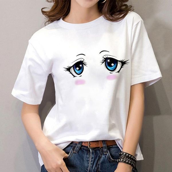 

summer 2021 fashion women white t-shirt cute cartoon eyes pattern print tshirt harajuku casual female short sleeve t shirt