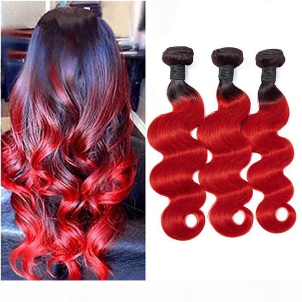 

malaysian human hair silky staight 3 bundles 1b red ombre hair extensions 12-26inch douuble wefts 1b red straight hair products, Black
