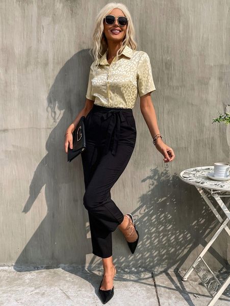 

leopard jacquard blouse & slant pockets belted pants n0st#, White