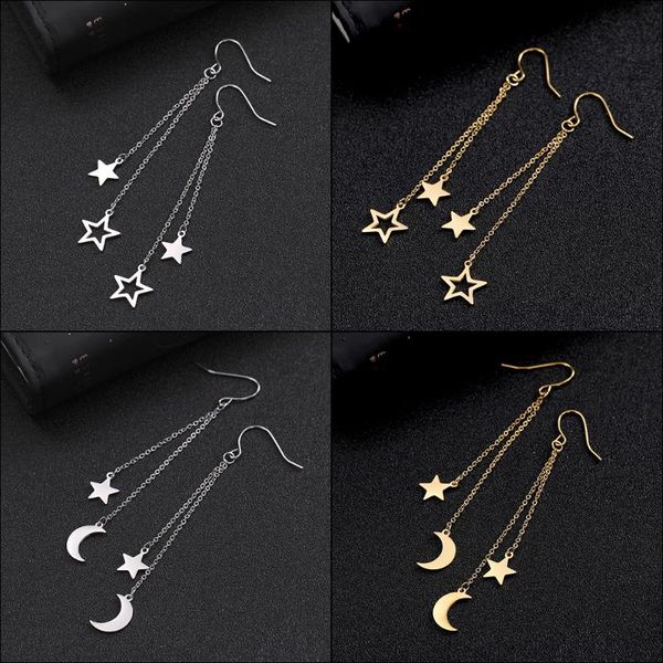 

dangle & chandelier teamer star moon long drop earrings for women fine stainless steel statement ear hook trendy korean jewelry gifts, Silver