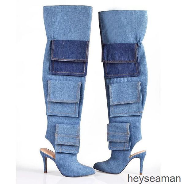 

boots denim color matching pointed open heel knee thin catwalk stage boots fashion high r6b4, Black