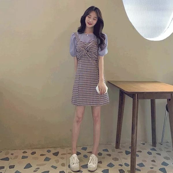 

phqyh internet celebrity 2020 summer elegant suspender suspender skirtsling purple western style skirt sling plaid strap fashionable grac, Black;gray
