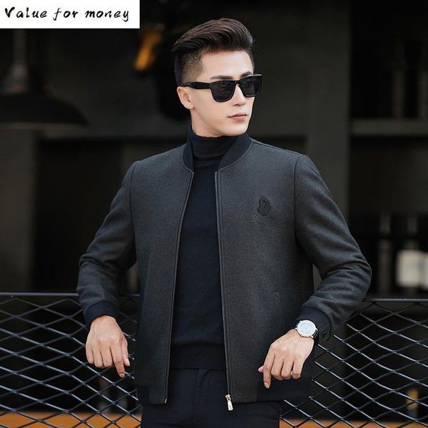 

middle-aged of and young men high-grade pure color embroidery wool tweed jacket zipper cloth coat jacket wholesale, Black