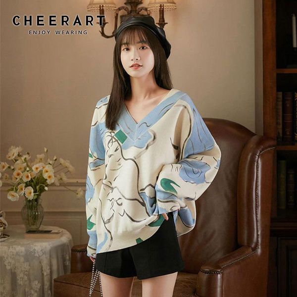 

cheerart oversized sweaters v neck loose pullover sweater knitted jumper designer korean fashion fall 2021 women clothing, White