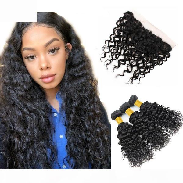 

remy human hair bundles with closure water wave virgin remy human hair 3 bundles with 13x4 lace closure, Black;brown