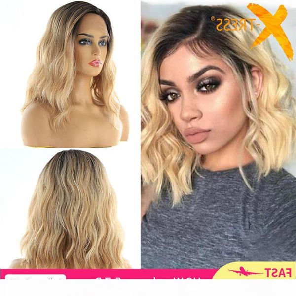 

front synthetic hair wigs x-tress ombre brown blonde color natural wave side 12'' short bob l part lace wig for women, Black;brown