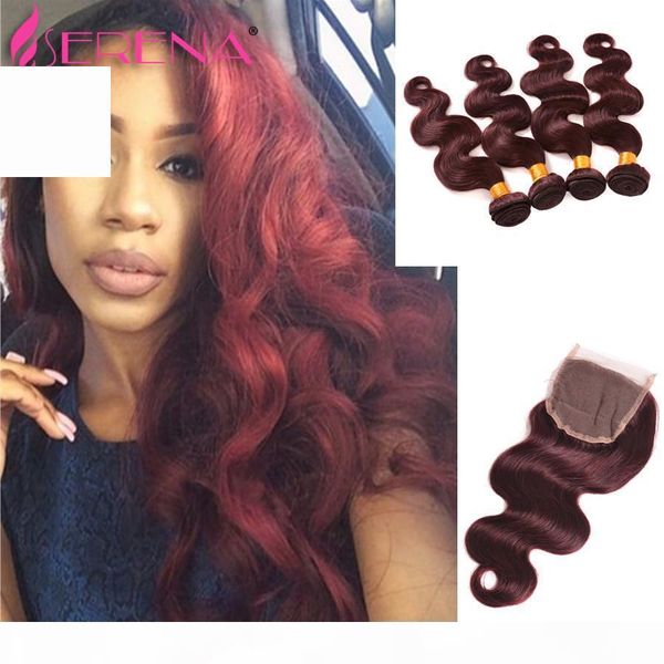 

8a brazilian burgundy with lace frontal closure 4x4 braid body wave #99j wine red human hair bundles with ear to ear full frontal, Black;brown