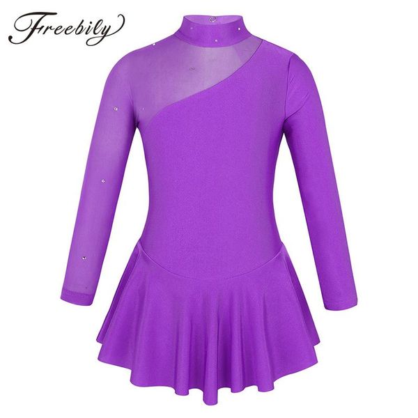

kids girls ballroom dress figure ice skating dress rhinestone tulle long sleeves child gymnastics leotard ballet dance costumes, Black;red
